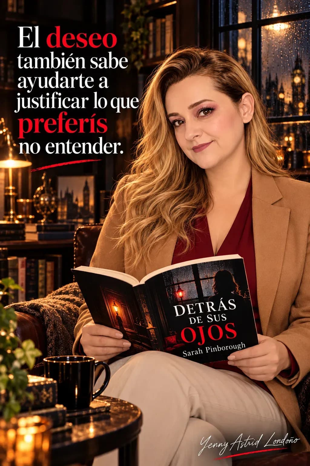 Yenny con ondas sueltas y chaqueta camel, leyendo Detrás de sus ojos en un sillón junto a una ventana lluviosa; frase del libro sobre deseo y justificaciones.