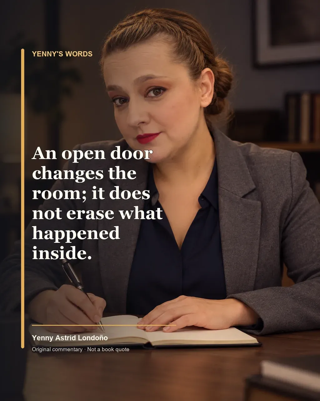 Image from Yenny Astrid Londoño’s review of “Dear Child”. Illustration of Dear Child, by Romy Hausmann, with overlaid text: «An open door changes the room; it does not erase what happened inside.»