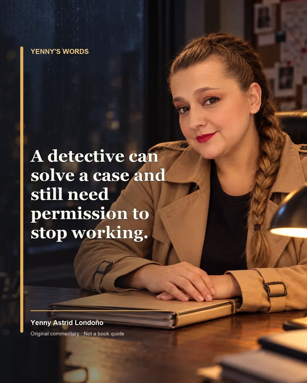 Image from Yenny Astrid Londoño’s review of “End of Watch”. Illustration of Fin de guardia, by Stephen King, with overlaid text: «A detective can solve a case and still need permission to stop working.»