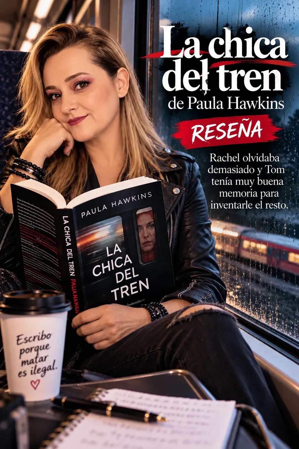Yenny Astrid Londoño sentada junto a la ventana de un tren con La chica del tren, de Paula Hawkins, en las manos, un vaso de café y un cuaderno, con el título de la reseña superpuesto en la imagen.