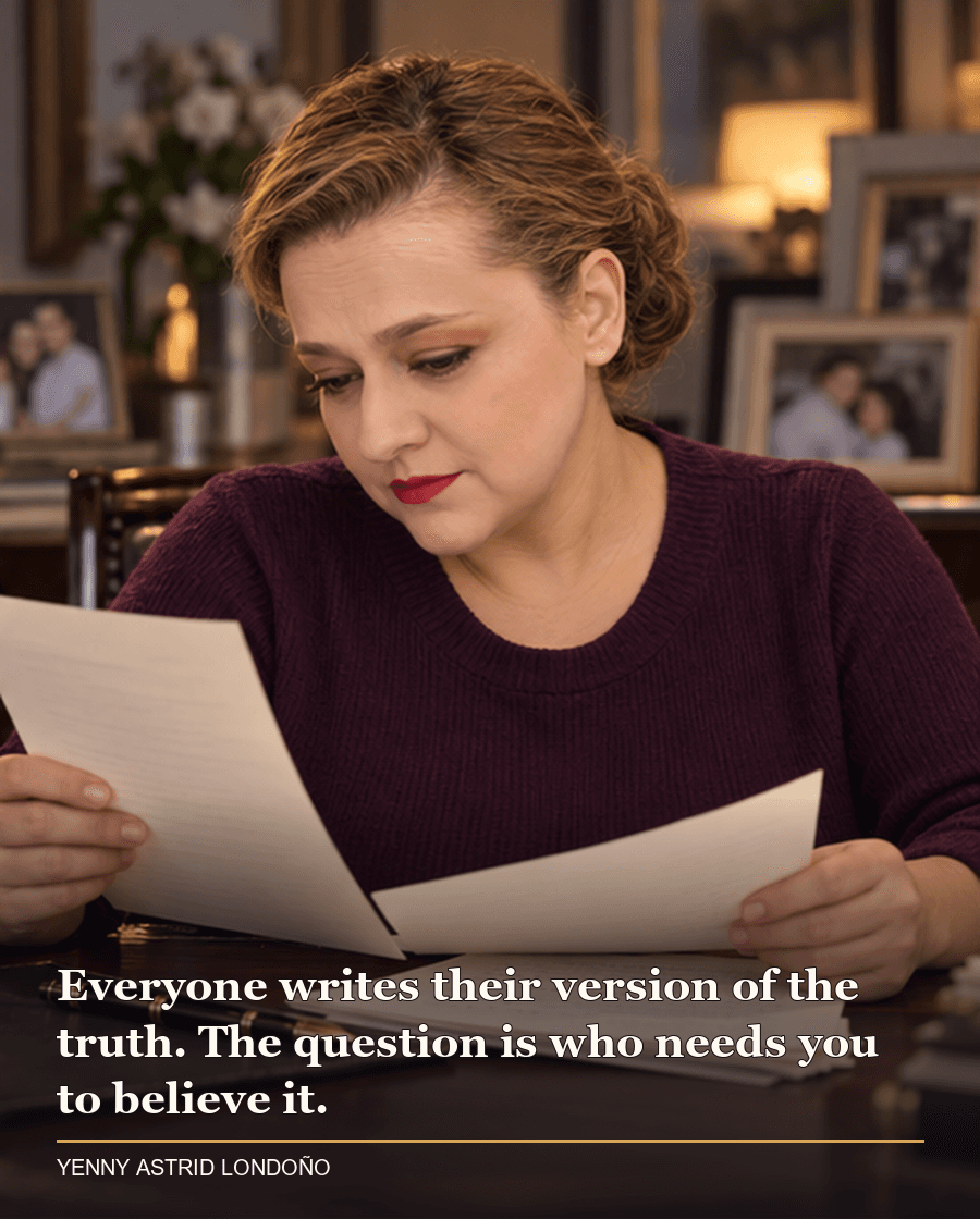 Image from Yenny Astrid Londoño’s review of “Verity”. Yenny in a plum sweater reading a manuscript at a desk with blurred family photographs behind her. Text: Everyone writes their version of the truth. The question is who needs you to believe it.