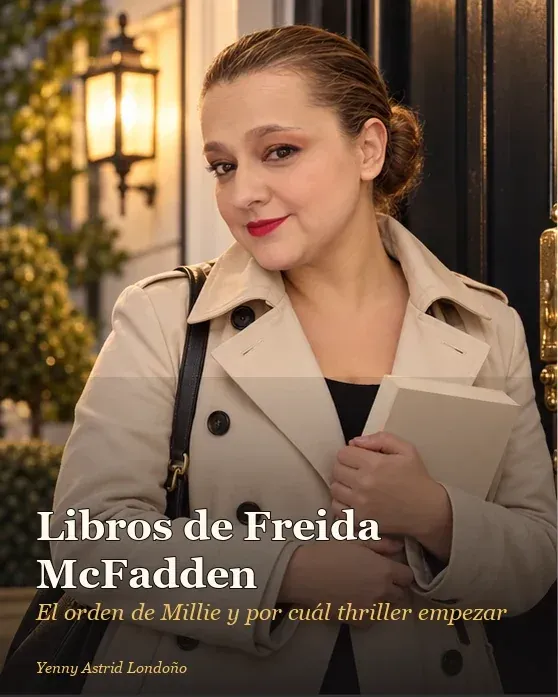 Portada del artículo «Mejores libros de Freida McFadden y en qué orden leerlos», escrito por Yenny Astrid Londoño. Yenny elige un thriller entre expedientes domésticos y una casa con luces encendidas; portada de guía de lectura de
