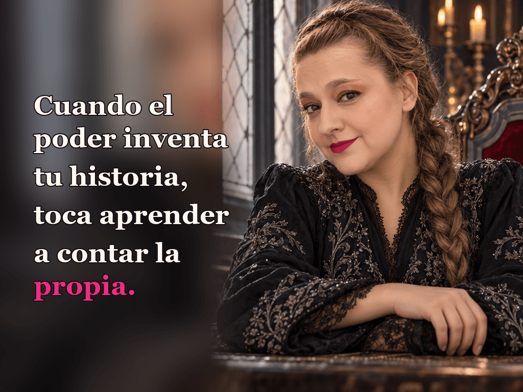 Imagen de la reseña del libro «La reina roja», escrita por Yenny Astrid Londoño. Ilustración de La reina roja, de Victoria Aveyard, con un texto superpuesto: «Cuando el poder inventa tu historia, toca aprender a contar la propia».