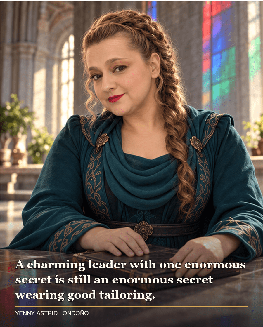 Image from Yenny Astrid Londoño’s review of “The Black Prism”. Yenny in a teal outfit in a sunlit hall where colored light refracts across stone walls. Text: A charming leader with one enormous secret is still an enormous secret wearing good tailoring.
