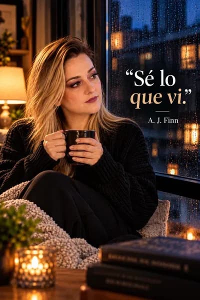 Yenny Astrid Londoño con una taza junto a una ventana con lluvia, con una frase de La mujer en la ventana, de A. J. Finn.
