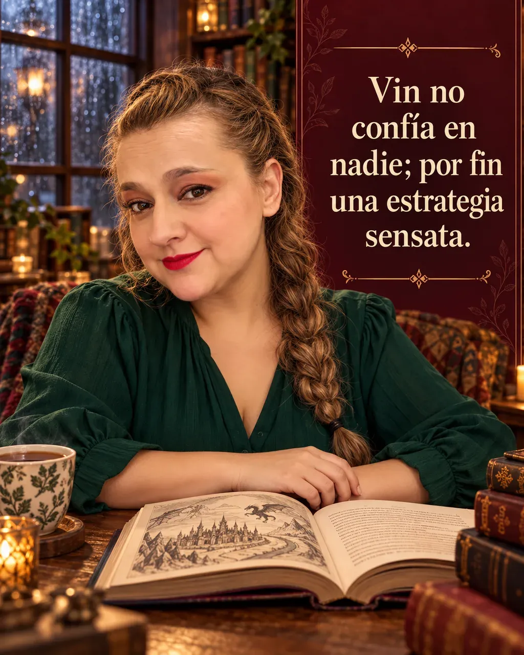 Imagen de la reseña del libro «El imperio final», escrita por Yenny Astrid Londoño. Ilustración de El imperio final, de Brandon Sanderson, con un texto superpuesto: «Vin no confía en nadie; por fin una estrategia sensata».