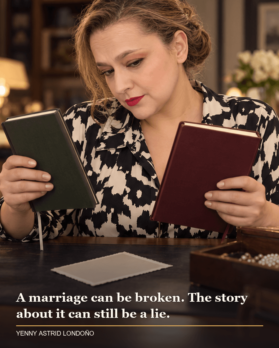 Image from Yenny Astrid Londoño’s review of “Gone Girl”. Yenny comparing two notebooks beside a wedding photograph turned face down. Text: A marriage can be broken. The story about it can still be a lie.