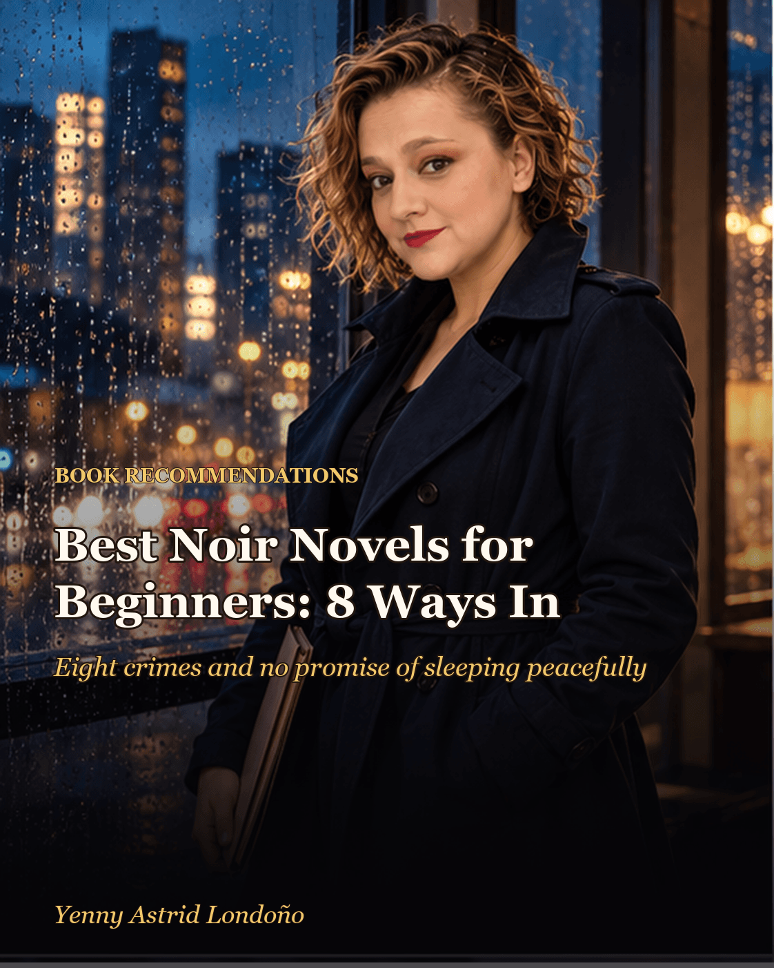 Cover image for “Best Noir Novels for Beginners: Eight Crimes and No Promise You Will Sleep Peacefully,” written by Yenny Astrid Londoño. Yenny in a night office with a case file and city lights, introducing noir novels.