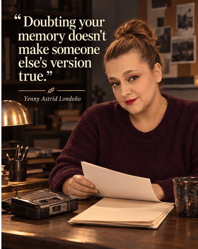 Image from Yenny Astrid Londoño’s review of “The Therapist”. Illustration of The Therapist, by Helene Flood, with overlaid text: «Someone doubting your memory doesn't make the version of the person contradicting you true.»