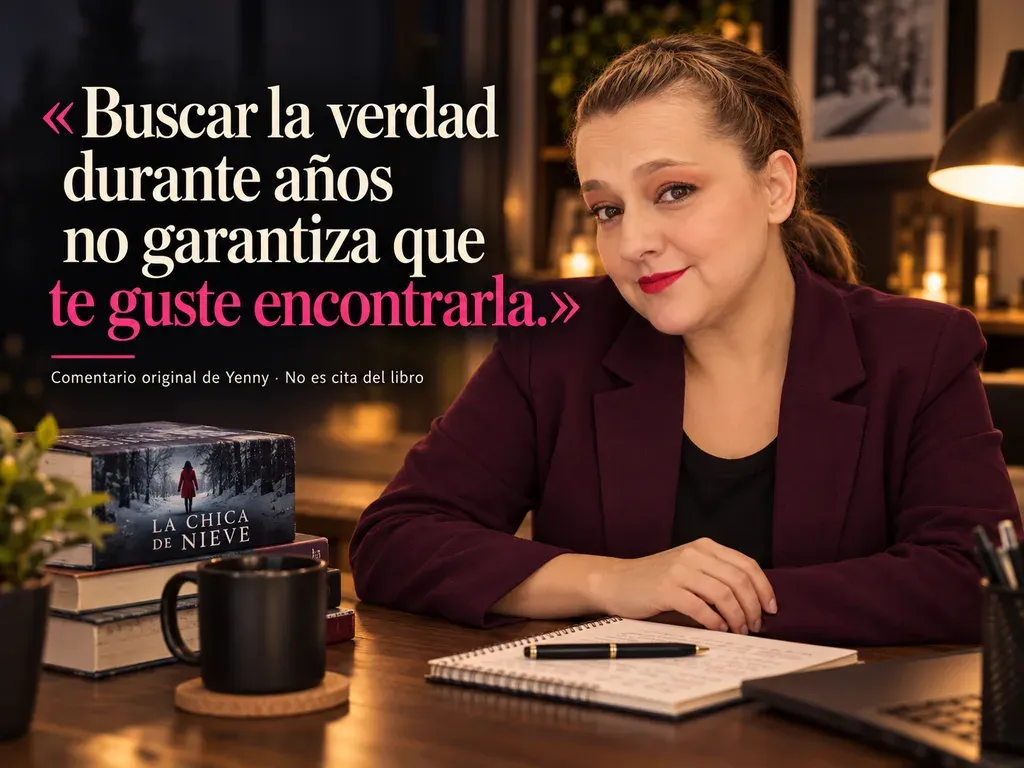 Imagen de la reseña del libro «La chica de nieve», escrita por Yenny Astrid Londoño. Ilustración de La chica de nieve, de Javier Castillo, con un texto superpuesto: «Buscar la verdad durante años no garantiza que te guste encontrarla».
