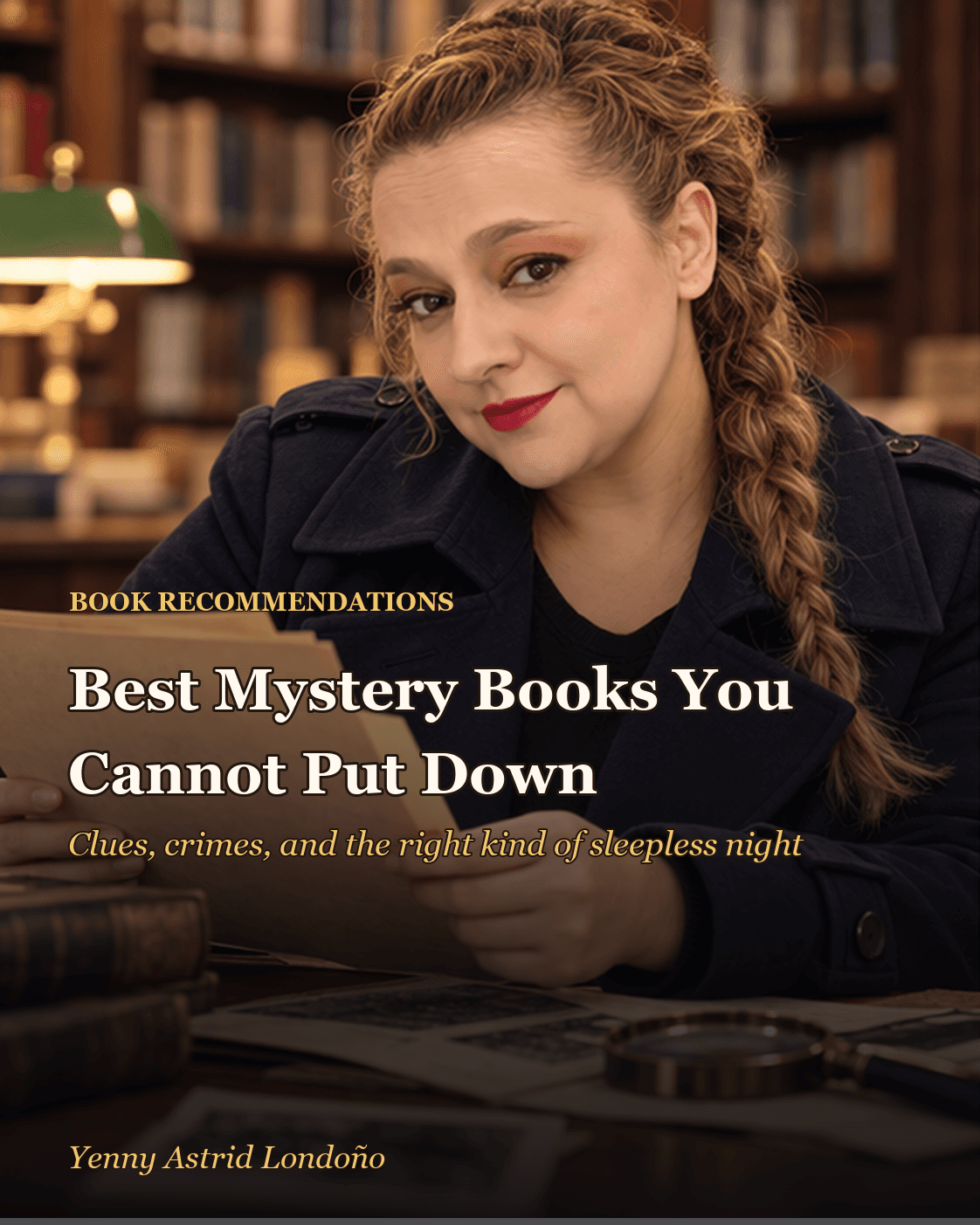 Cover image for “Best Mystery Books You Cannot Put Down: Eight Cases Worth Reading Suspiciously,” written by Yenny Astrid Londoño. Yenny studying an investigation board with fictional notes, photographs, and mystery novels.