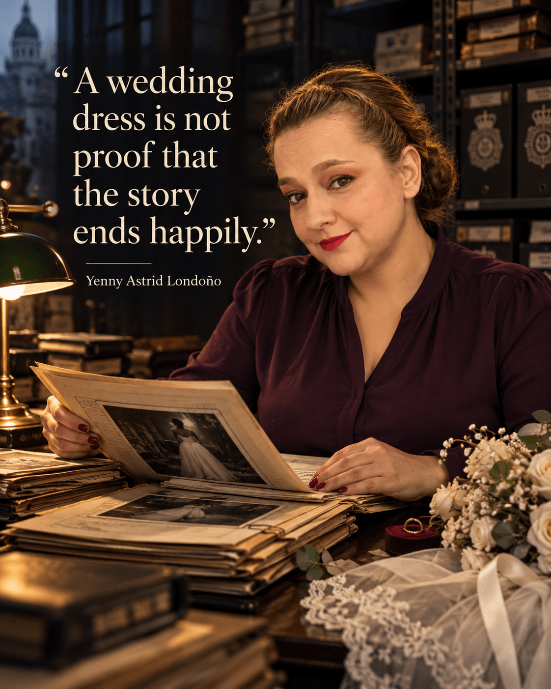 Image from Yenny Astrid Londoño’s review of “The Gypsy Bride”. Illustration of The Gypsy Bride, by Carmen Mola, with overlaid text: «Solving a crime doesn't return to a family what was taken from it.»
