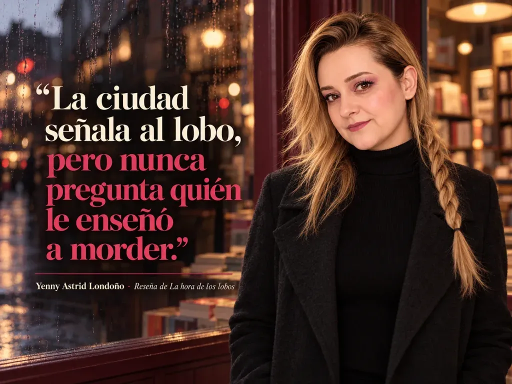 Imagen de la reseña del libro «La hora de los lobos», escrita por Yenny Astrid Londoño. Ilustración de La hora de los lobos, de Mario Mendoza, con un texto superpuesto: «La ciudad señala al lobo, pero nunca pregunta quién le enseñó a morder».