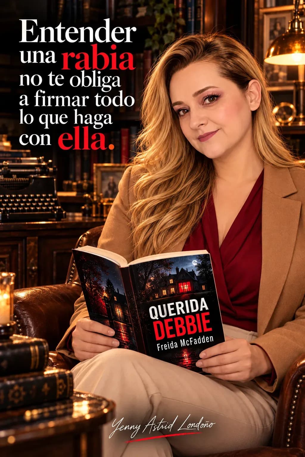 Yenny con ondas sueltas y chaqueta camel, leyendo Querida Debbie en un sillón junto a una máquina de escribir; frase del libro sobre comprender una rabia.
