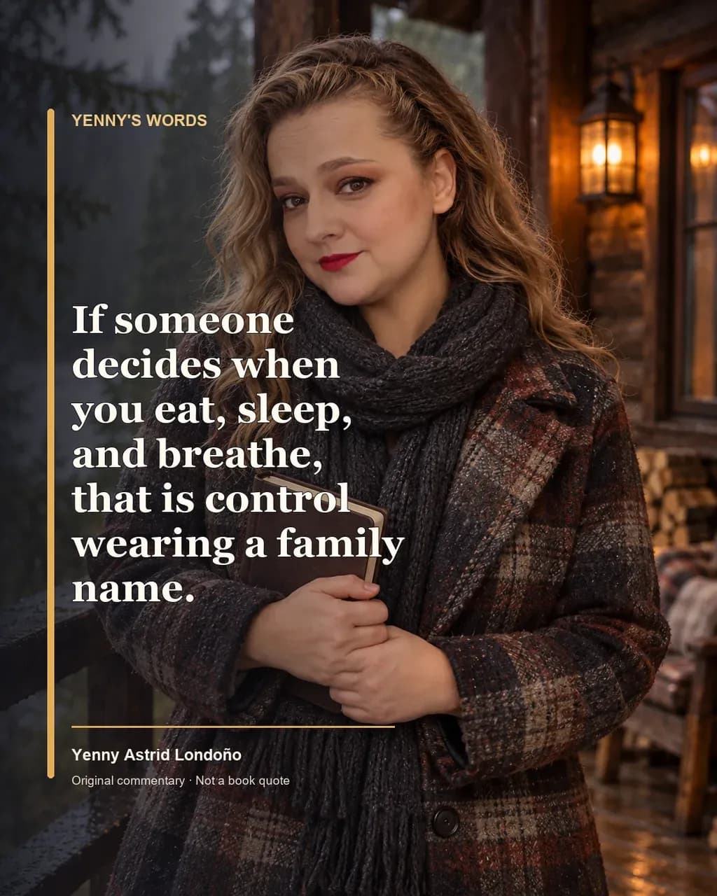 Image from Yenny Astrid Londoño’s review of “Dear Child”. Illustration of Dear Child, by Romy Hausmann, with overlaid text: «If someone decides when you eat, sleep, and breathe, that is control wearing a family name.»