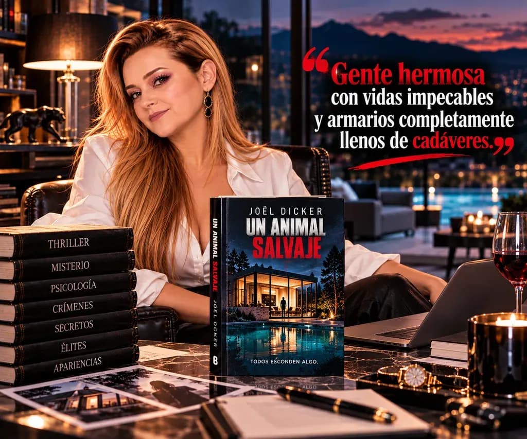 Yenny Astrid Londoño con camisa blanca, sentada junto a Un animal salvaje, de Joël Dicker, y una mesa con fotografías, con un texto superpuesto en la imagen.
