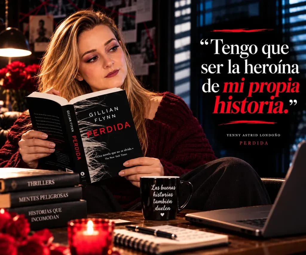 Yenny Astrid Londoño con un suéter vino leyendo Perdida, de Gillian Flynn, junto a una taza y un cuaderno, con un texto superpuesto en la imagen.