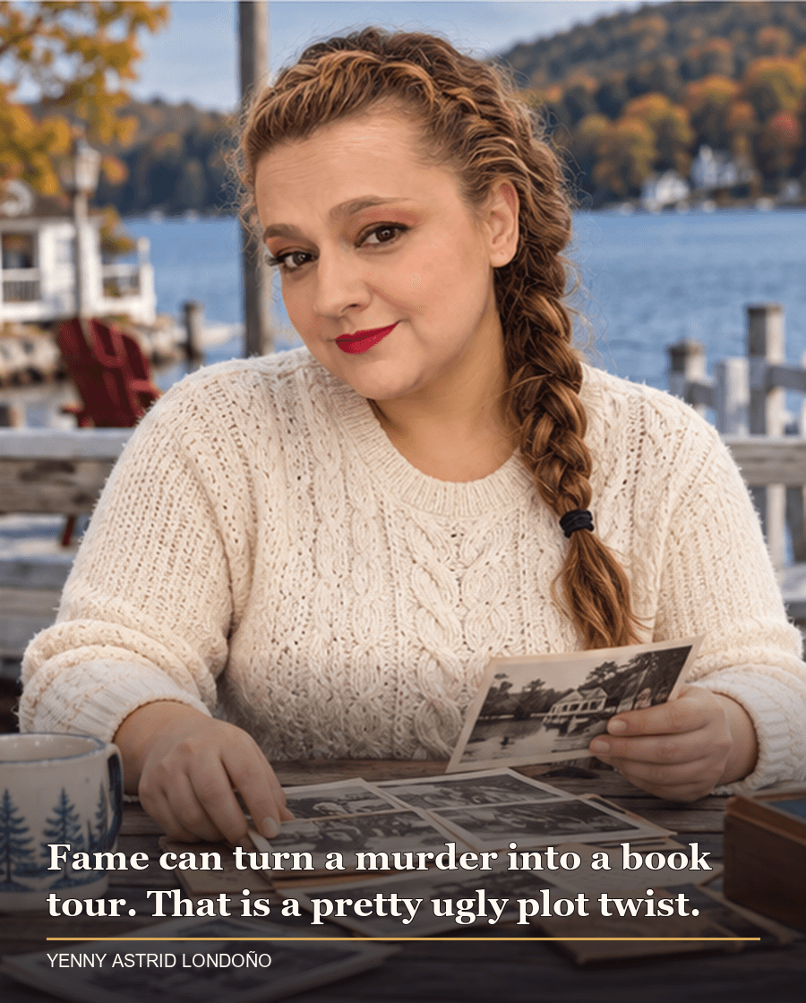 Image from Yenny Astrid Londoño’s review of “The Truth About the Harry Quebert Affair”. Yenny at a lakefront table comparing old photographs with a handwritten timeline. Text: Fame can turn a murder into a book tour. That is a pretty ugly plot twist.