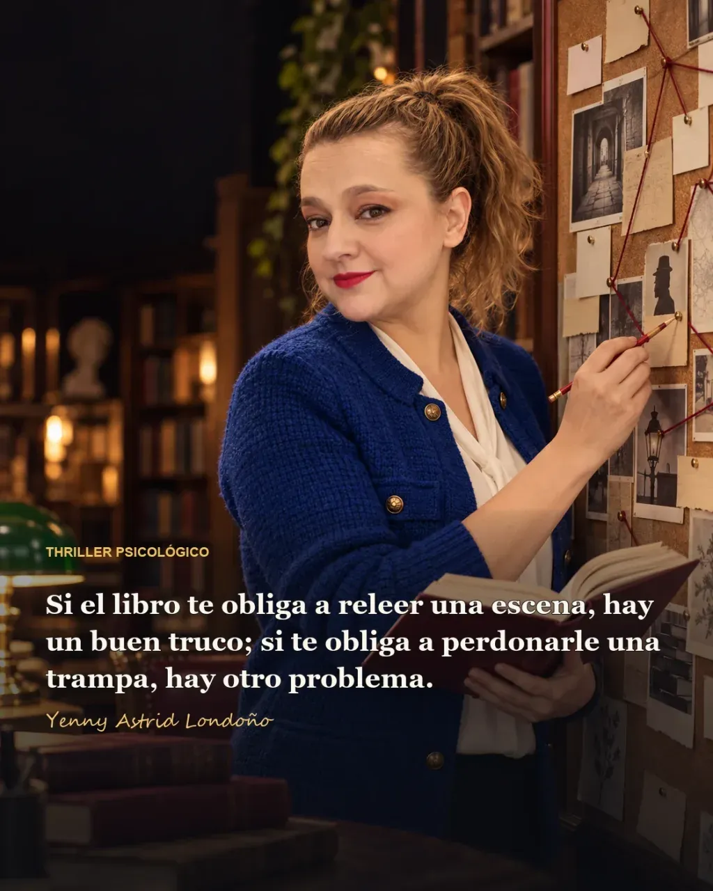 Imagen del artículo «Mejores thrillers psicológicos que realmente enganchan: diez libros para desconfiar hasta del que te los recomendó», escrito por Yenny Astrid Londoño. Yenny relaciona notas y pistas en una biblioteca; “Si el libro te obliga a releer una escena, hay un buen truco; si te