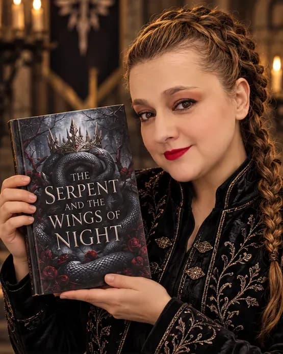 Portada de la reseña del libro «The Serpent and the Wings of Night», escrita por Yenny Astrid Londoño. Yenny Astrid Londoño sostiene un mockup artístico de The Serpent and the Wings of Night, de Carissa Broadbent