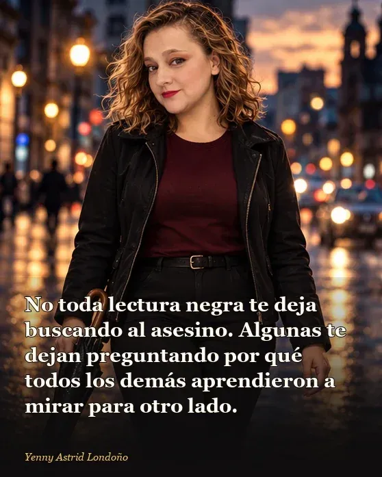 Imagen del artículo «Mejores novelas negras para empezar: ocho crímenes y ninguna promesa de que vas a dormir tranquila», escrito por Yenny Astrid Londoño. Yenny cierra un expediente y mira por una ventana iluminada por la ciudad; frase: “No toda lectura negra te deja
