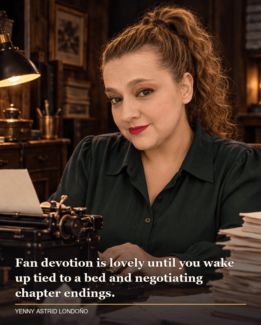 Image from Yenny Astrid Londoño’s review of “Misery”. Yenny in a dark green blouse beside an antique typewriter and manuscript pages in a cramped wood-paneled room. Text: Fan devotion is lovely until you wake up tied to a bed and negotiating chapter endings.