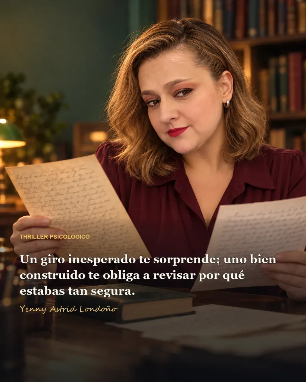 Imagen del artículo «Mejores thrillers psicológicos que realmente enganchan: diez libros para desconfiar hasta del que te los recomendó», escrito por Yenny Astrid Londoño. Yenny compara dos testimonios junto a un libro abierto; “Un giro inesperado te sorprende; uno bien construido te.