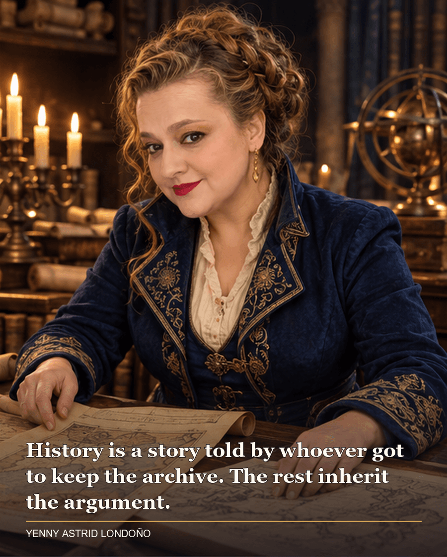 Image from Yenny Astrid Londoño’s review of “The Priory of the Orange Tree”. Yenny in a blue diplomatic coat studying historical maps in a candlelit archive. Text: History is a story told by whoever got to keep the archive. The rest inherit the argument.