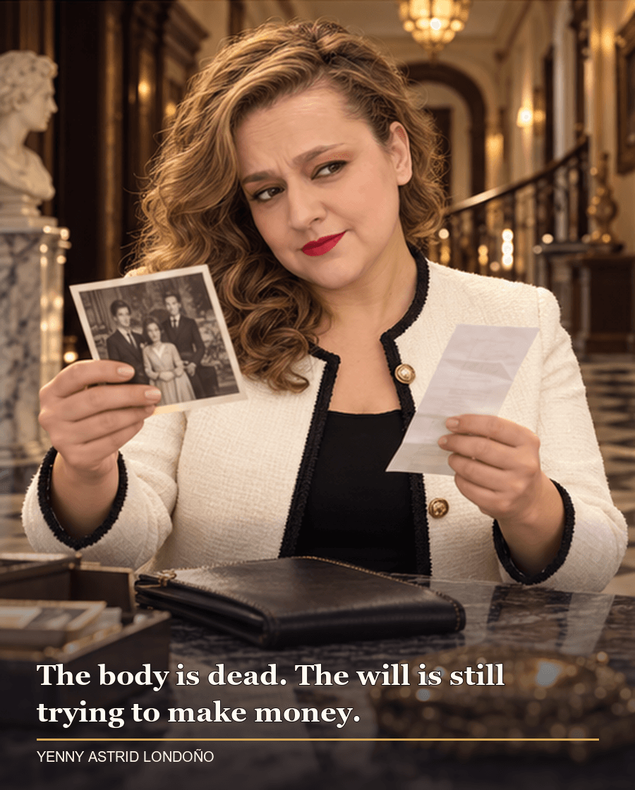 Image from Yenny Astrid Londoño’s review of “All About Money”. Yenny in a cream jacket comparing a receipt with a family photograph in an art-deco mansion. Text: The body is dead. The will is still trying to make money.