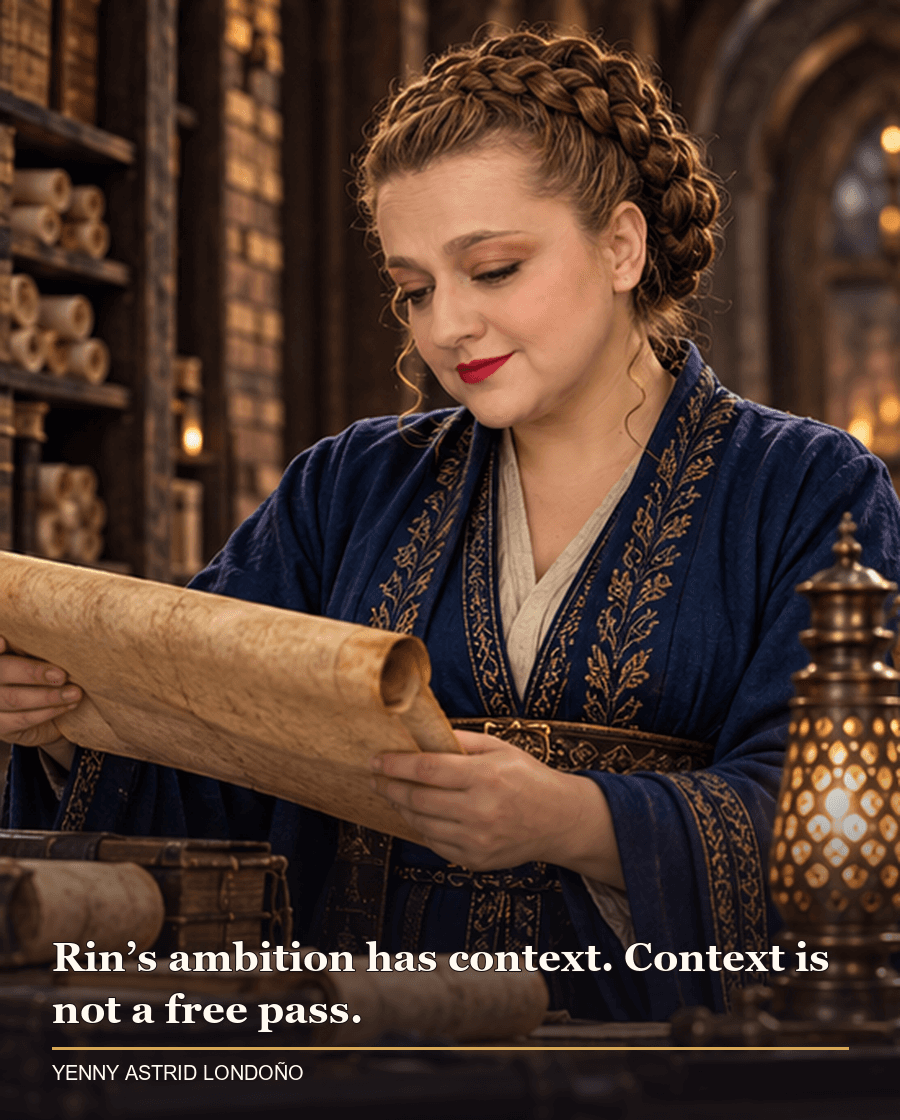 Image from Yenny Astrid Londoño’s review of “The Poppy War”. Yenny in a deep blue robe in an old imperial archive with scrolls and a bronze lamp. Text: Rin’s ambition has context. Context is not a free pass.