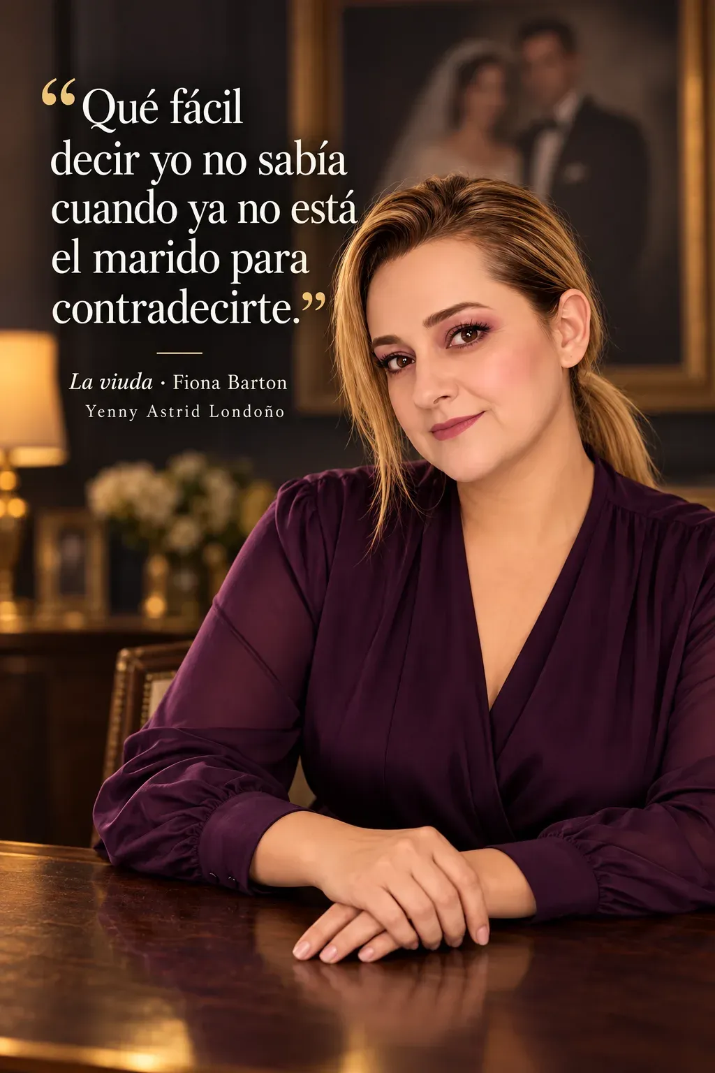 Yenny con blusa violeta sentada ante un retrato matrimonial desenfocado en una sala.