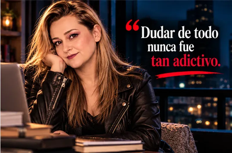 Yenny Astrid Londoño con una chaqueta de cuero, apoyando la cara en la mano frente a una ventana de ciudad de noche, en la reseña de Mentira, de Juan Gómez-Jurado, con un texto superpuesto en la imagen.