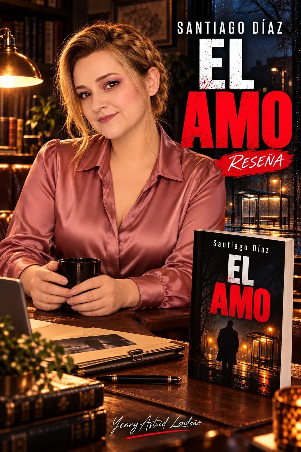 Yenny con coleta y blusa rosa, sosteniendo una taza con las dos manos sobre una mesa de lectura; mockup de El amo con una parada de autobús nocturna.