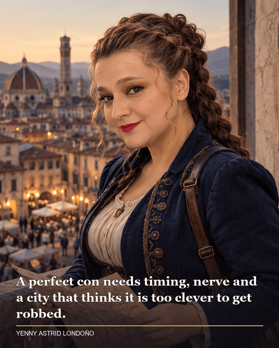 Image from Yenny Astrid Londoño’s review of “The Lies of Locke Lamora”. Yenny in a midnight-blue jacket on a rooftop balcony overlooking an old city, studying a folded map. Text: A perfect con needs timing, nerve and a city that thinks it is too clever to get robbed.