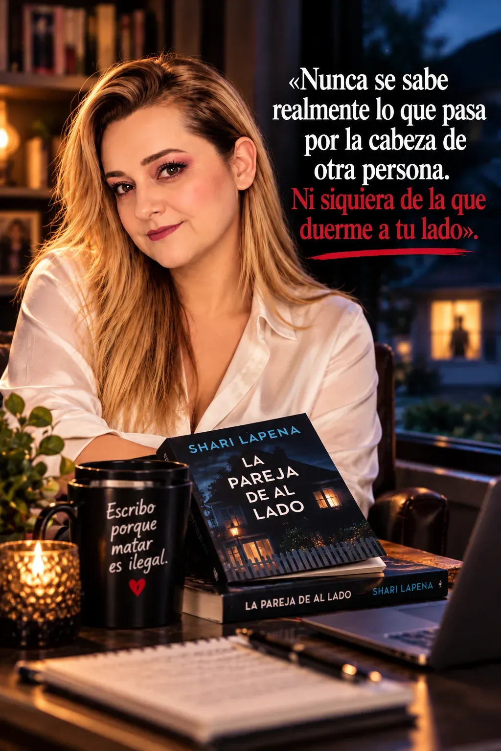 Yenny Astrid Londoño con camisa blanca, una taza y un cuaderno, con La pareja de al lado, de Shari Lapena, sobre el escritorio y un texto superpuesto en la imagen.