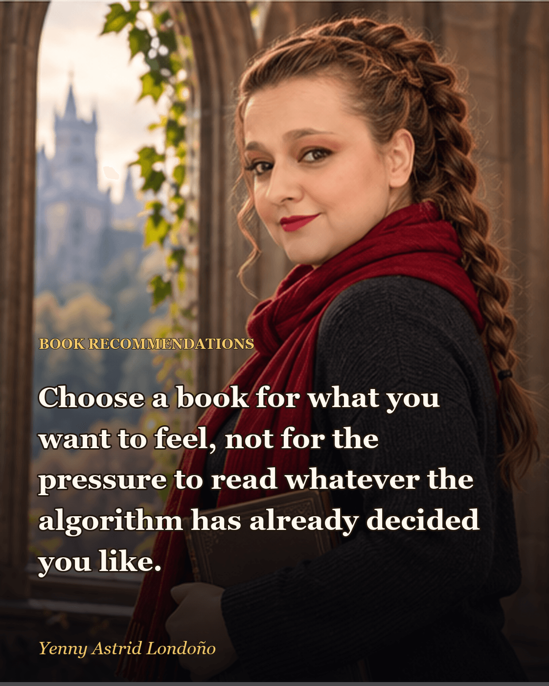 Image from “What Is Romantasy, and Which Books Are Worth Reading? Magic, Desire, and Questionable Decisions,” written by Yenny Astrid Londoño. Yenny choosing among fantasy books beside a library window.
