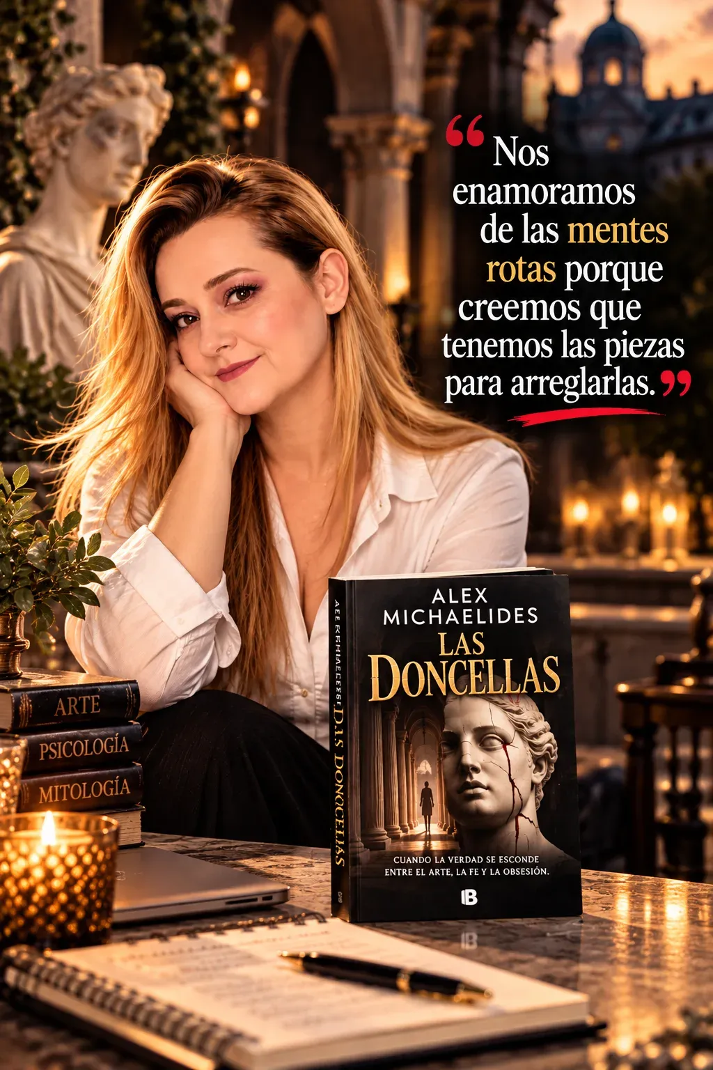Yenny Astrid Londoño con camisa blanca, apoyando la cara en la mano, con Las doncellas, de Alex Michaelides, sobre la mesa y un texto superpuesto en la imagen.