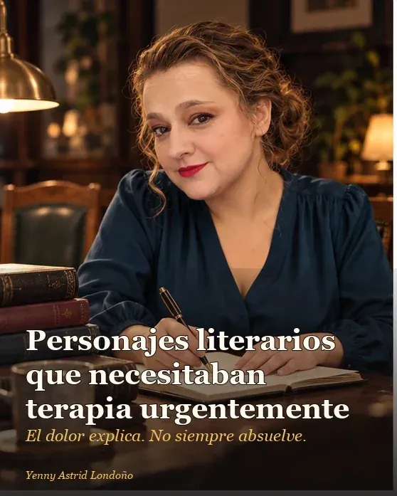 Portada del artículo «Personajes literarios que necesitaban terapia urgentemente y otros que necesitaban dejar de hacer daño», escrito por Yenny Astrid Londoño. Yenny Astrid Londoño en una biblioteca con una libreta de notas, novelas de thriller y una silla vacía al otro lado de