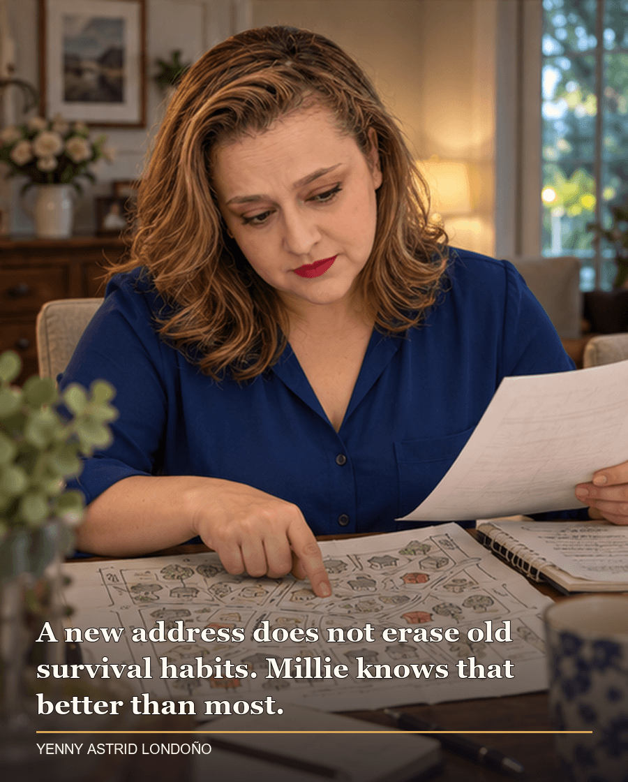 Image from Yenny Astrid Londoño’s review of “The Housemaid Is Watching”. Yenny reviewing a neighborhood map and notes at a dining table. Text: A new address does not erase old survival habits. Millie knows that better than most.