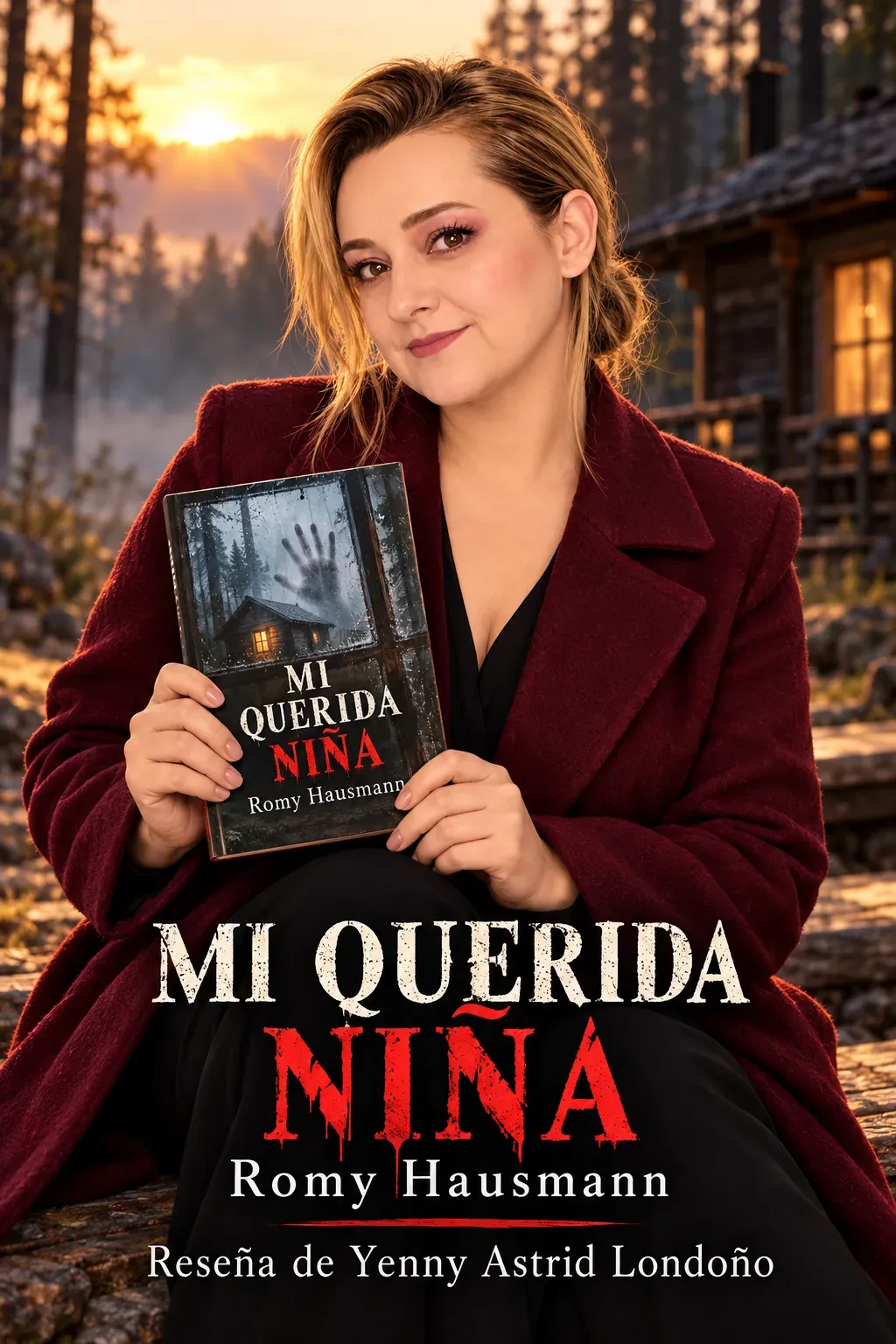 Yenny con abrigo vino sostiene un libro artístico ante una cabaña aislada en el bosque al amanecer.