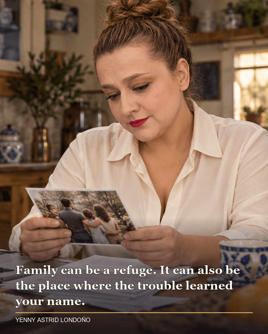 Image from Yenny Astrid Londoño’s review of “The Orphans”. Yenny in a cream blouse at a kitchen table comparing a family photograph with legal papers. Text: Family can be a refuge. It can also be the place where the trouble learned your name.