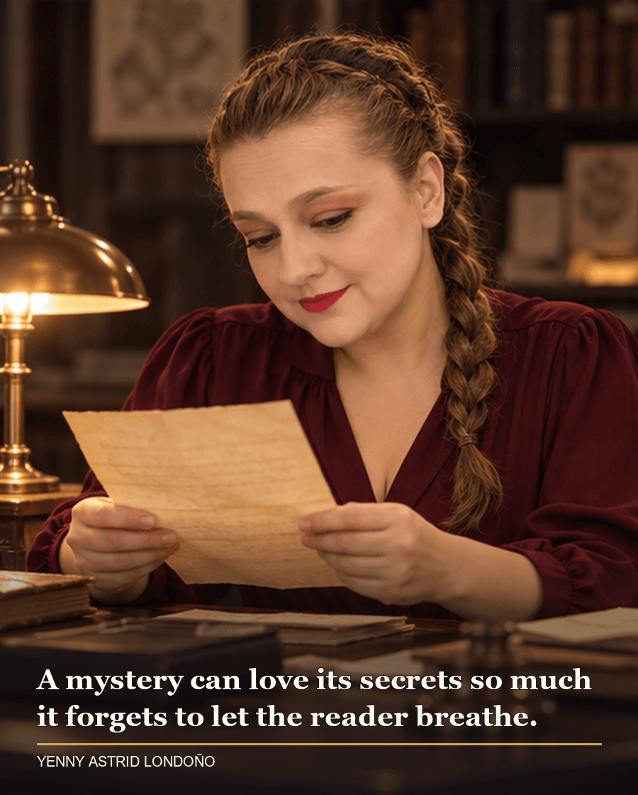 Image from Yenny Astrid Londoño’s review of “The Shadow of the Wind”. Yenny at a desk reading an old letter beside a lamp, reflecting on the book’s layered mystery. Text: A mystery can love its secrets so much it forgets to let the reader breathe.