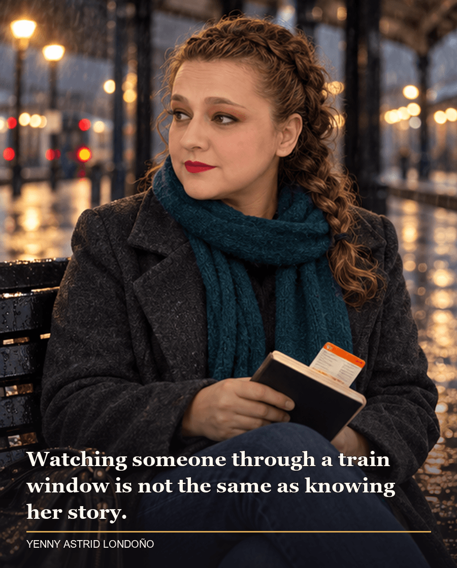 Image from Yenny Astrid Londoño’s review of “The Girl on the Train”. Yenny at a station bench with a notebook and transit ticket on a rainy evening. Text: Watching someone through a train window is not the same as knowing her story.