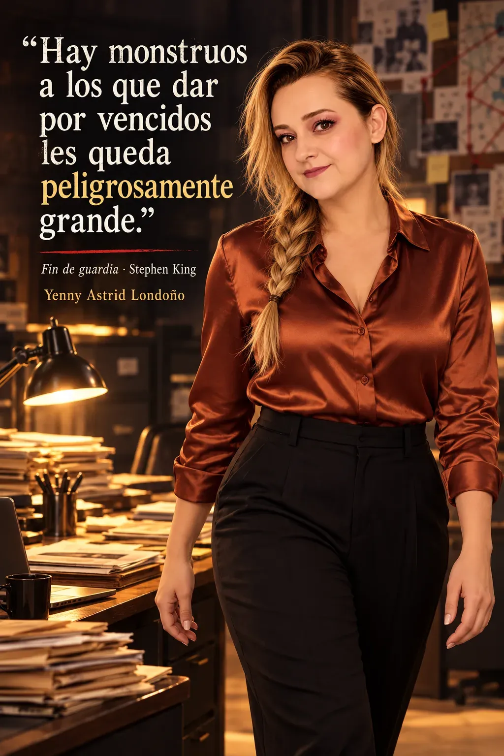 Yenny con blusa cobriza y pantalón negro ante un tablero de investigación en una oficina.