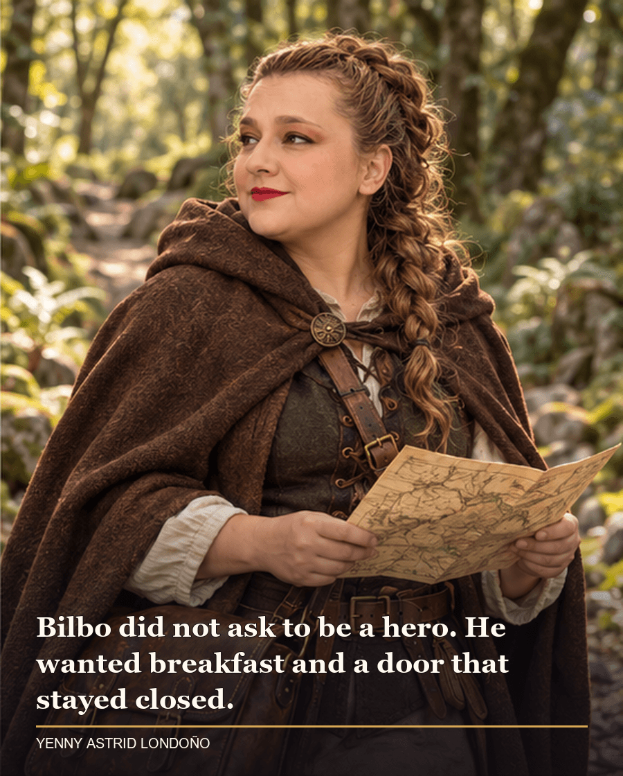 Image from Yenny Astrid Londoño’s review of “The Hobbit”. Yenny in a brown wool cloak walking a forest path with a map and travel satchel. Text: Bilbo did not ask to be a hero. He wanted breakfast and a door that stayed closed.