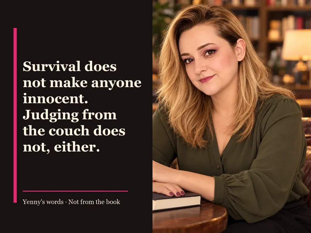 Image from Yenny Astrid Londoño’s review of “The Hour of the Wolves”. Illustration of The Hour of the Wolves, by Mario Mendoza, with overlaid text: «Survival does not make anyone innocent. Judging from the couch does not, either.»