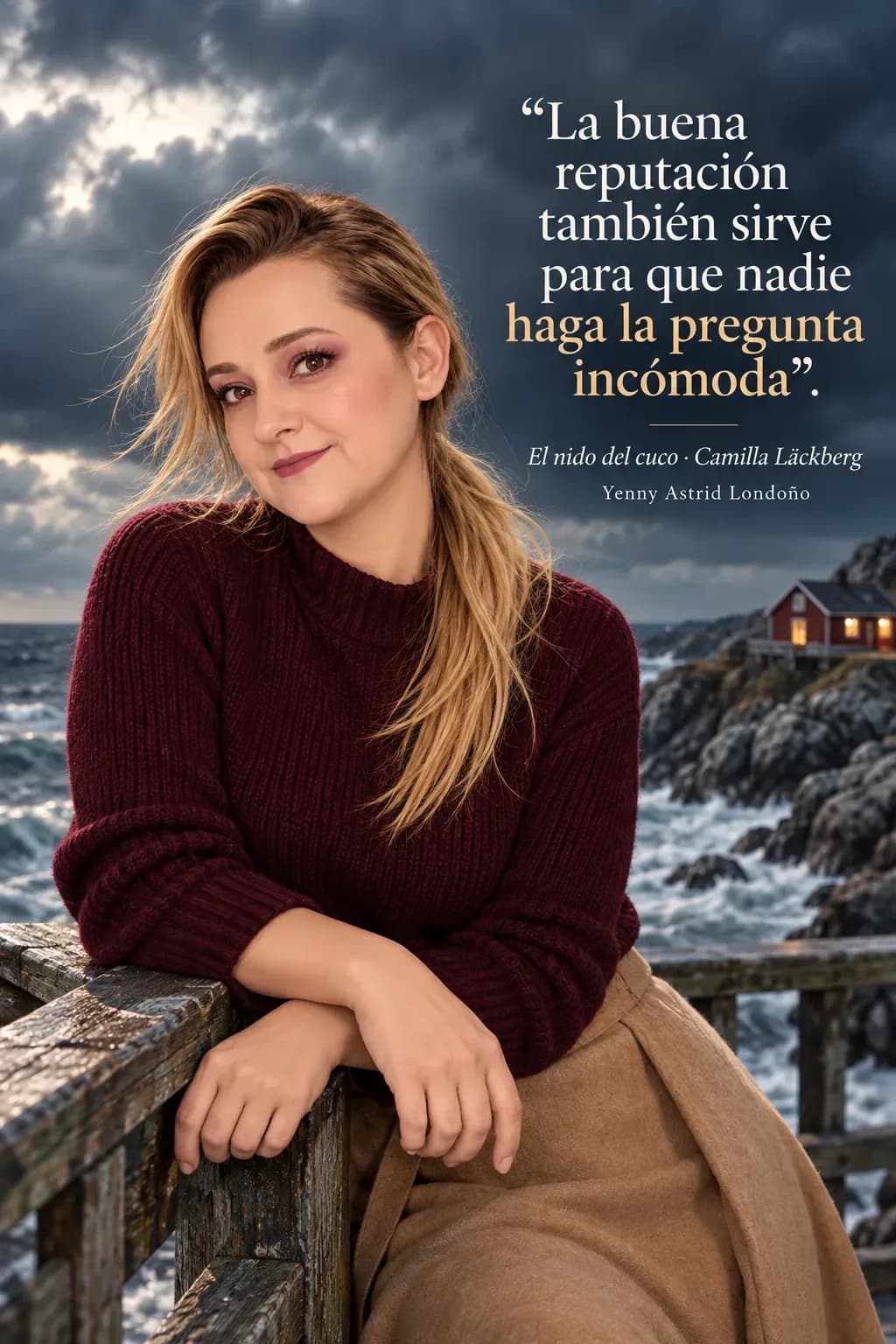 Yenny con suéter borgoña y falda camel apoyada en una baranda frente al mar tormentoso.