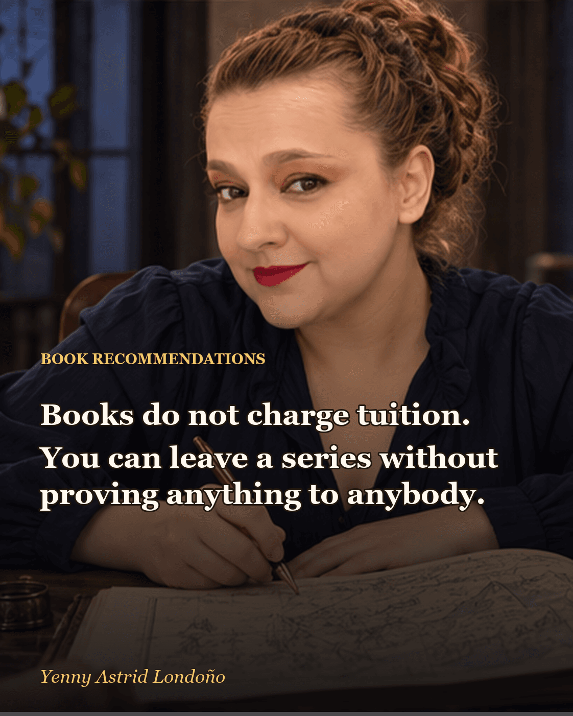 Image from “What to Read After *Game of Thrones*: Eight Routes Out of Westeros,” written by Yenny Astrid Londoño. Yenny closing a fantasy map and choosing a slimmer novel for her next read.