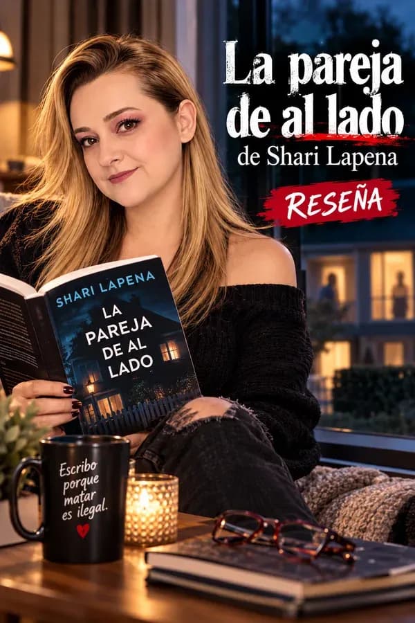 Yenny Astrid Londoño sonriendo con La pareja de al lado, de Shari Lapena, en las manos, junto a una taza y una vela.