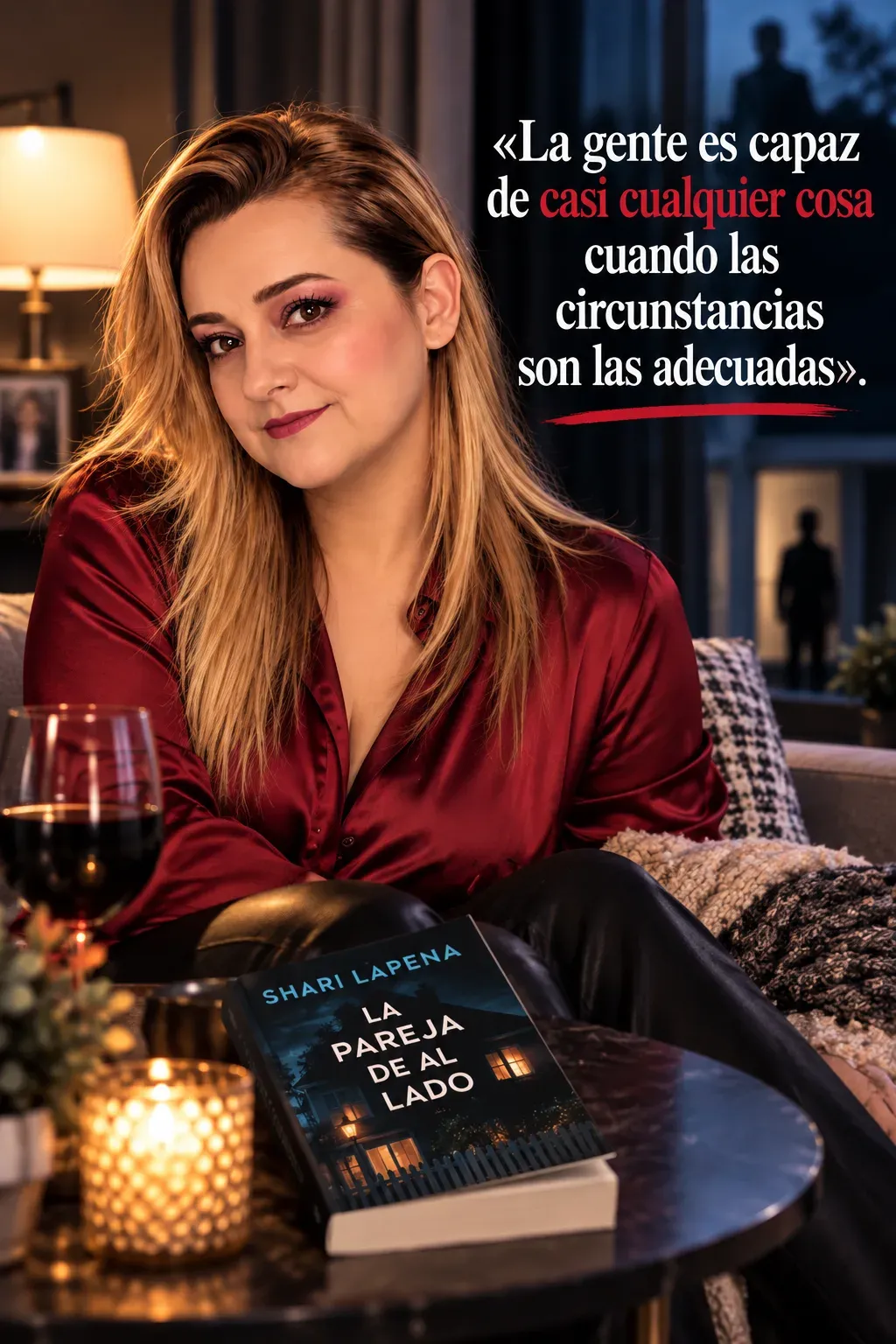 Yenny Astrid Londoño con una blusa roja, una copa de vino y una vela, con La pareja de al lado, de Shari Lapena, sobre la mesa y un texto superpuesto en la imagen.